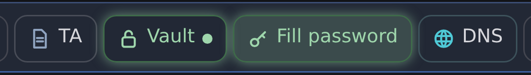 A close-up of the PATANYX toolbar: a green Fill password button with a key icon, lit up next to a green unlocked Vault button, between the grey TA and DNS buttons.