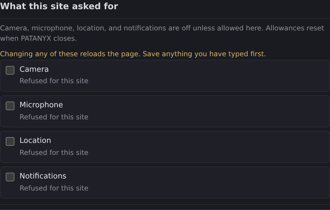 The PATANYX permission controls under Privacy, headed What this site asked for, with switches for Camera, Microphone, Location, and Notifications, under a warning that changing any of these reloads the page, each switch reading Refused for this site.