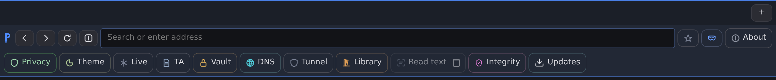 The PATANYX toolbar, with an address bar reading Search or enter address and buttons labeled Privacy, Theme, Live, TA, Vault, DNS, Tunnel, Library, Read text, Integrity, and Updates.