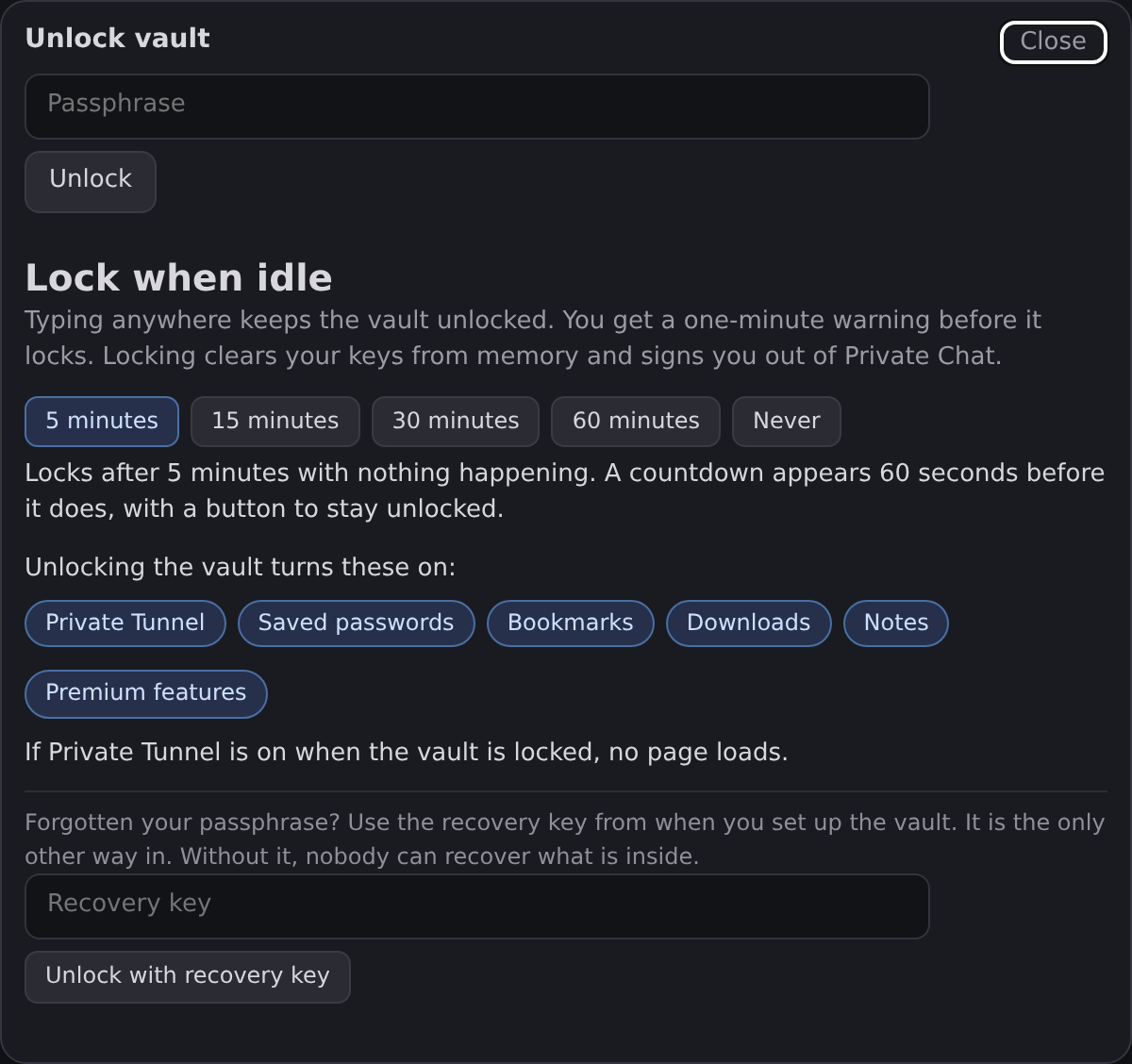 The PATANYX Vault panel, locked. It shows a passphrase field with an Unlock button, a Lock when idle setting offering 5, 15, 30, or 60 minutes or Never, a list of what unlocking turns on, and a separate recovery key field.