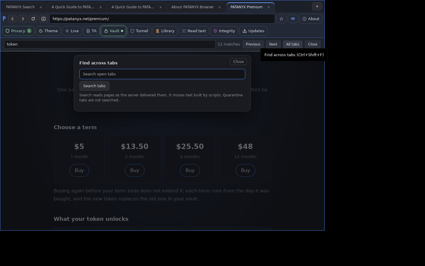 PATANYX with five tabs open. The in-page find bar reads 'token' with 11 matches, and a Find across tabs panel is open with a search field, a Search tabs button, and a note that search reads pages as the server delivered them.