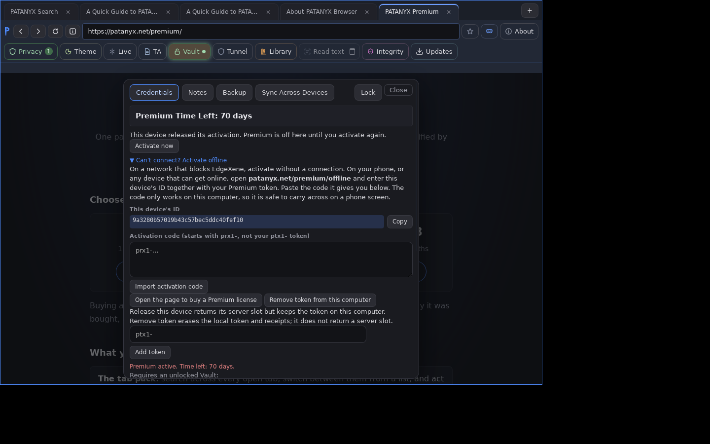 The PATANYX vault Premium row with the offline activation section expanded. It shows this device's ID, a field for an activation code that starts with prx1- rather than a ptx1- token, and an Import activation code button.