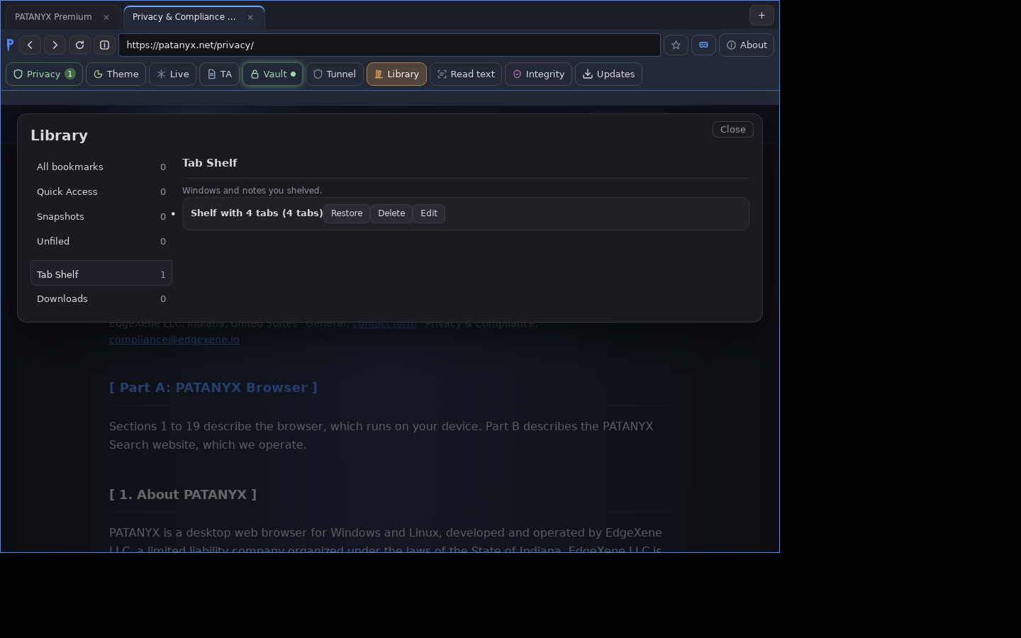 The PATANYX Library panel with Tab Shelf selected in the left-hand list. The panel reads 'Tab Shelf: windows and notes you shelved' and shows one entry, 'Shelf with 4 tabs', with Restore, Delete and Edit buttons.