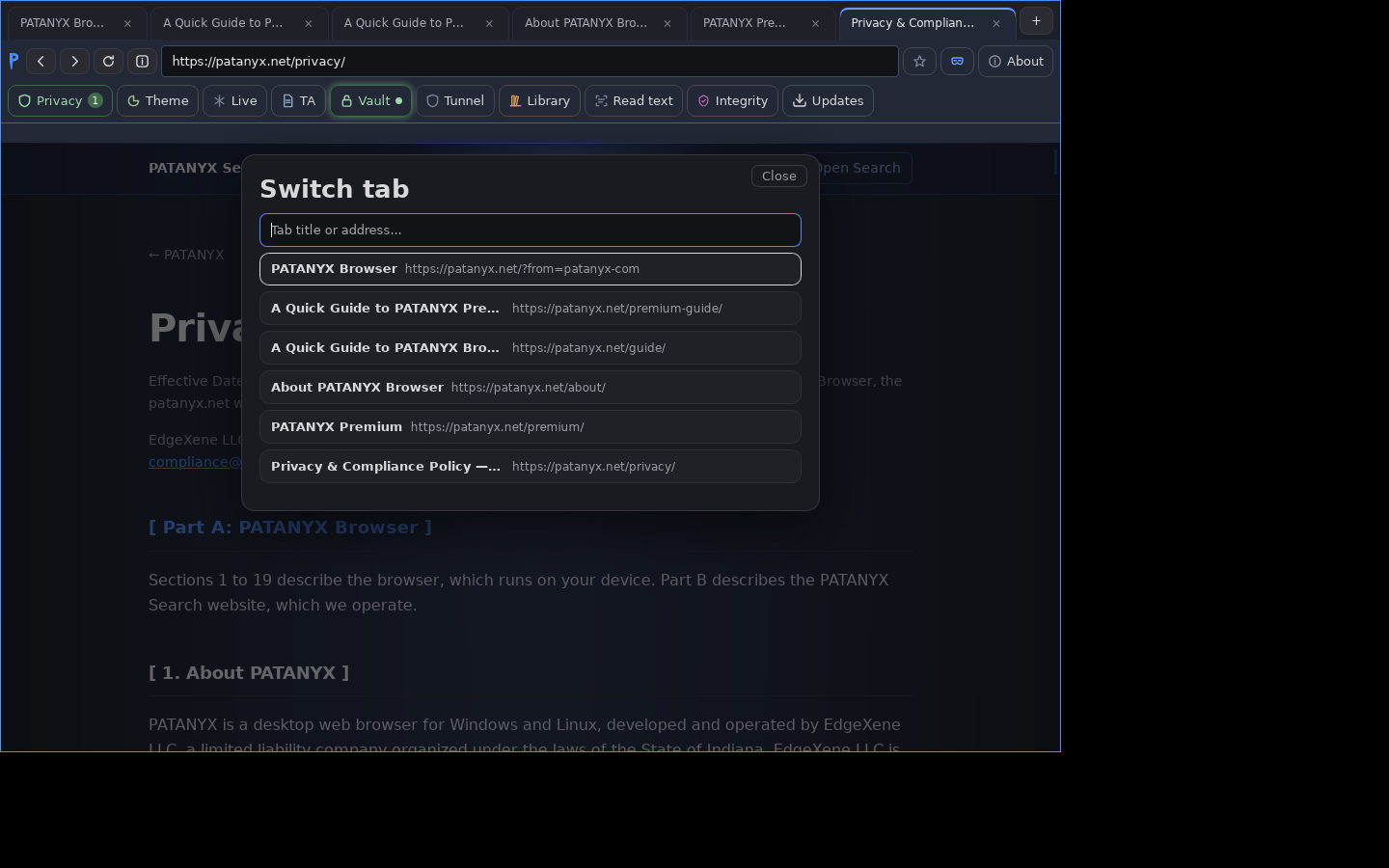 The PATANYX Switch tab panel. A field reading 'Tab title or address' sits above a list of six open tabs, each showing its page title and full URL.