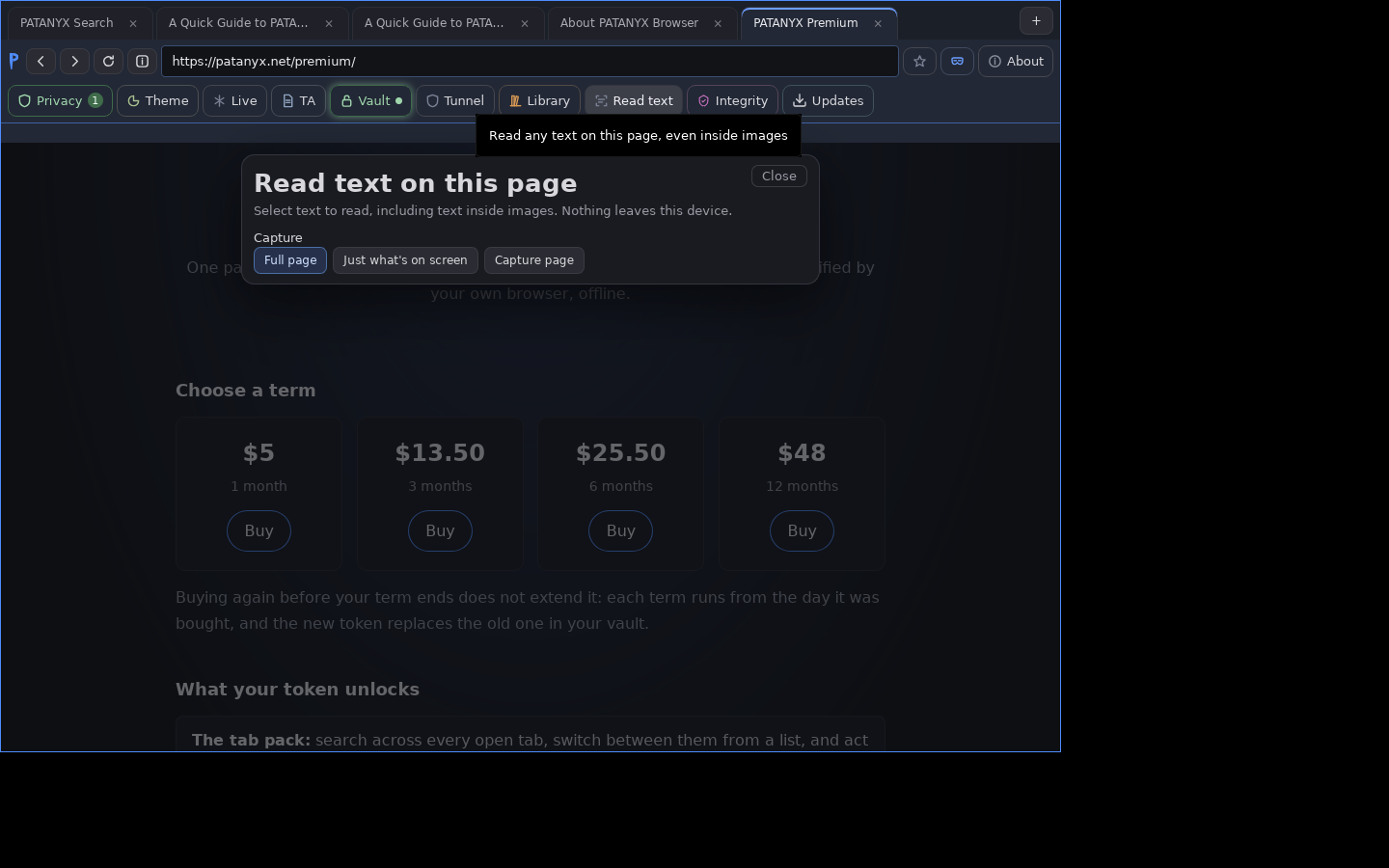 The PATANYX Read text panel open over a page. It reads 'Read text on this page. Select text to read, including text inside images. Nothing leaves this device.' with capture options for Full page, Just what's on screen, and Capture page.